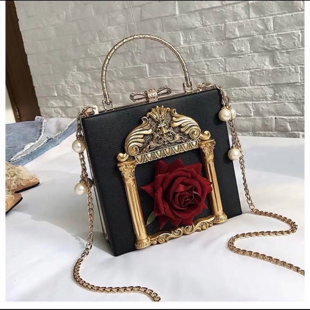 Elegant Dolls Kill Black and Gold Crossbody Bag with 3D Rose Details so real
